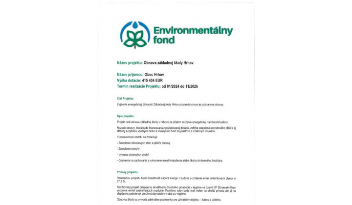 Environmentálny fond : ’’Obnova ZŠ Hrhov’’
