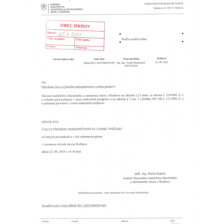 Odvolanie času zvýšeného nebezpečenstva vzniku požiaru