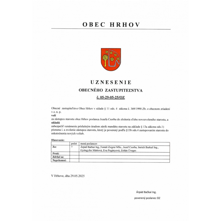 Uznesenie OZ  - Zástupca  starostu