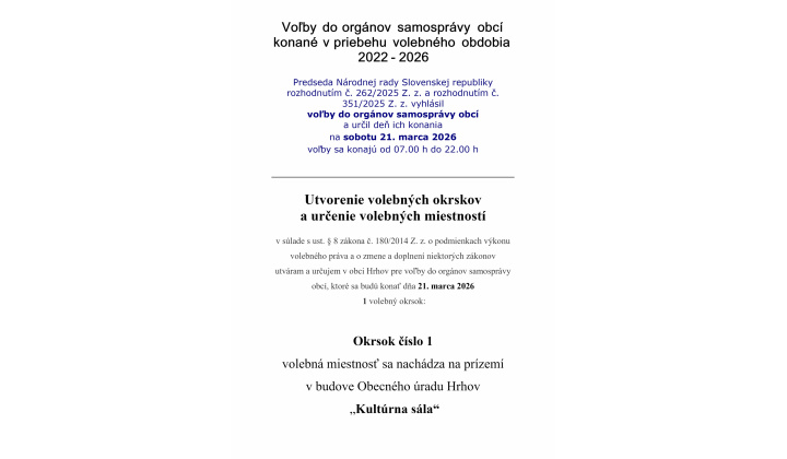 Voľby do orgánov samosprávy obcí: 21.03.2026