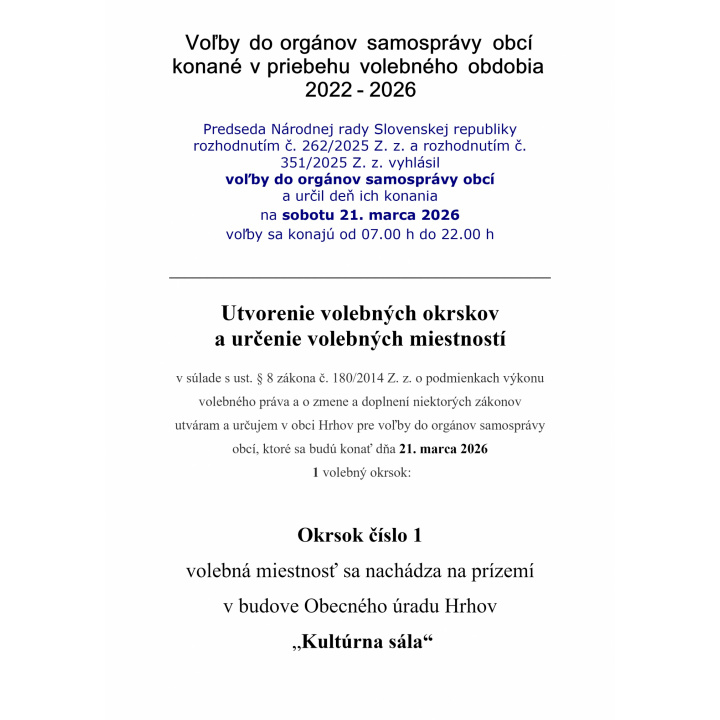 Voľby do orgánov samosprávy obcí: 21.03.2026