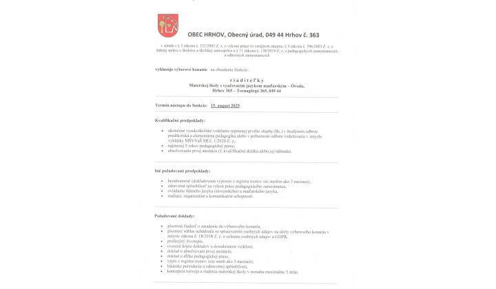 Výberové konanie - riaditeľka MŠ s VJM - Óvoda