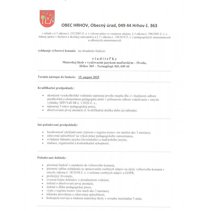 Výberové konanie - riaditeľka MŠ s VJM - Óvoda